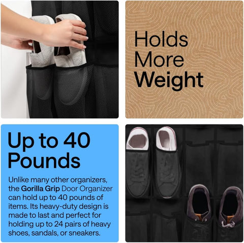 GORILLA GRIP Over the Door Shoe Organizer, 24 Large Pockets, Black