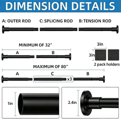 CorkLatta Matte Black Shower Curtain Rod,1 Inch Diameter Stainless Steel Adjustable Spring Tension Rods 32 to 80",with Holders,Anti-Slip,Curtain Rods No Drilling(1 Pack)