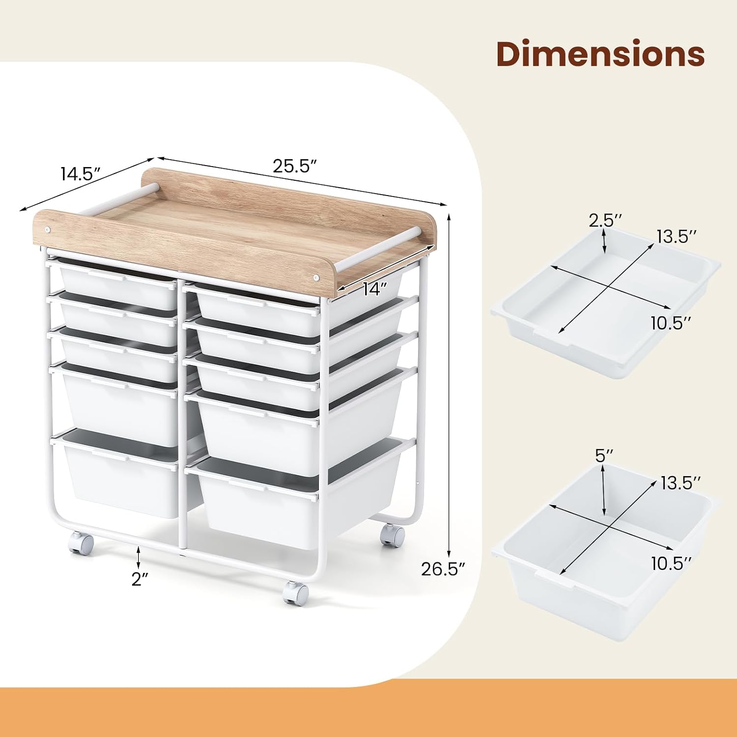 Giantex Rolling Storage Cart with 10 Drawers, Utility Cart w/Wooden Tabletop, Handle, Lockable Wheels, Multipurpose Organizer for Art Craft Scrapbooks Paper, Drawer Carts for Dorm School Office, White