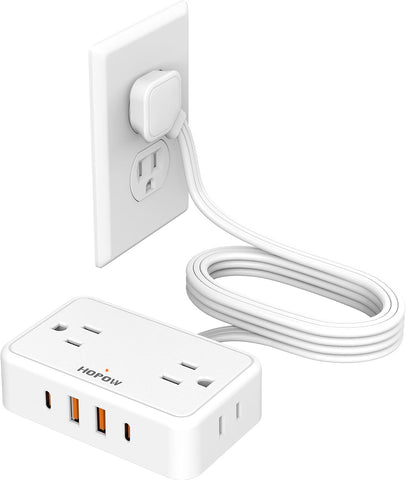HOPOW Flat Plug Extension Cord, 4AC&2A2C, 6 FT Power Strip for Travel