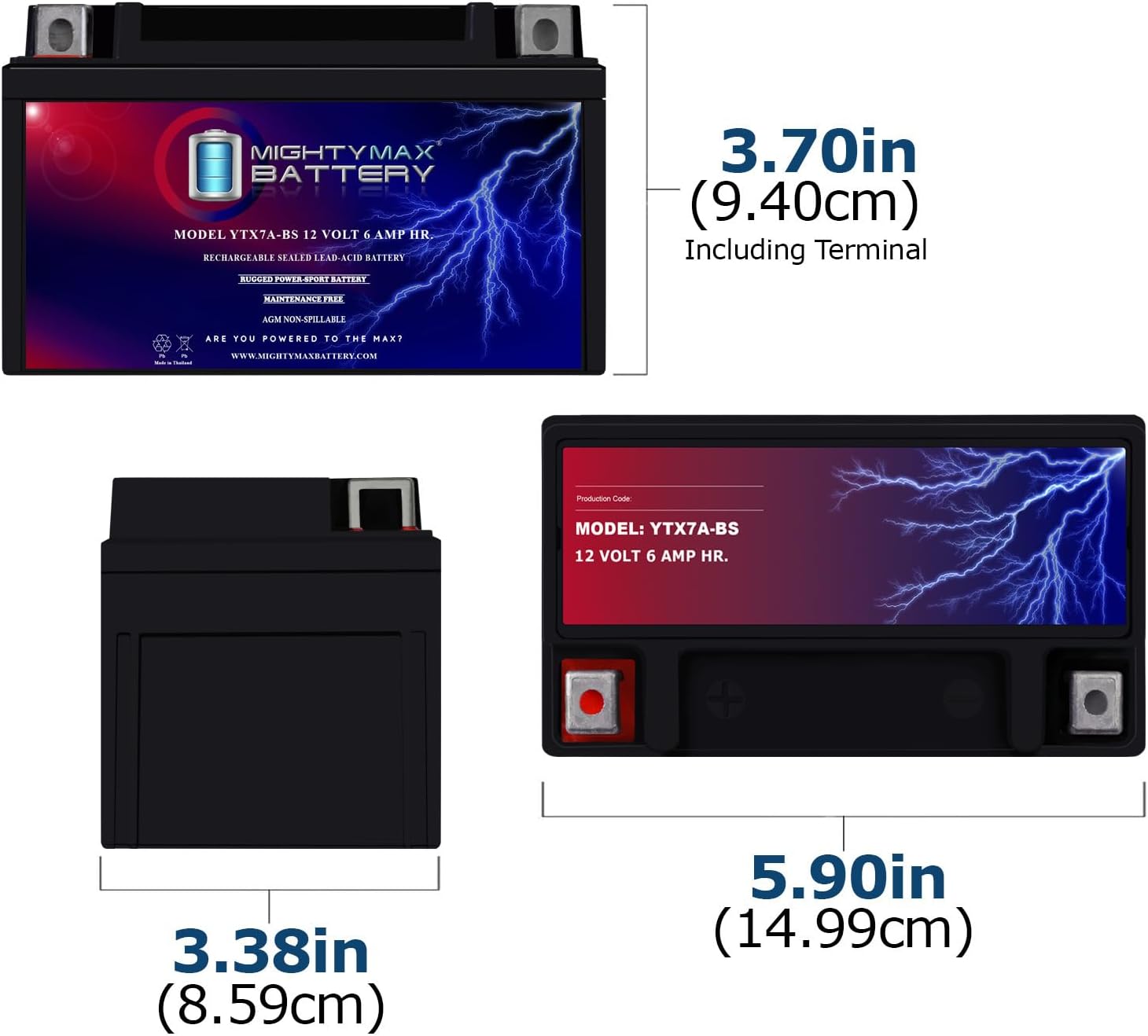 Mighty Max Battery YTX7A-BS 12V 6AH Sealed Lead AGM Battery For Motorcycle - 2 Pack
