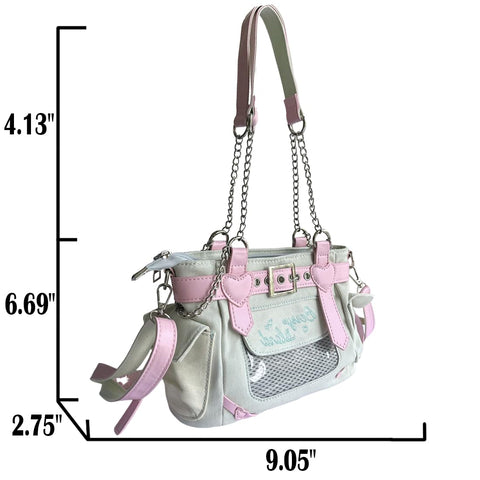 RILGOU Y2K Harajuku Kawaii Goth Casual Style Denim Cute Heart and Pink Belt Decor Adjustable Cross-body Shoulder Bag