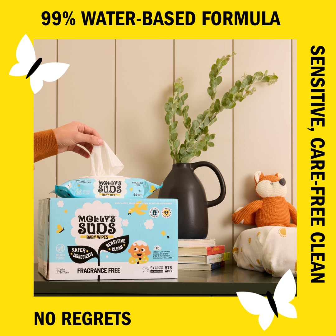 Molly's Suds Sensitive Clean Baby Wipes | 99% Water, Plant-Based, Fragrance Free | 384 Total Wipes (6 Flip-Top Packs)