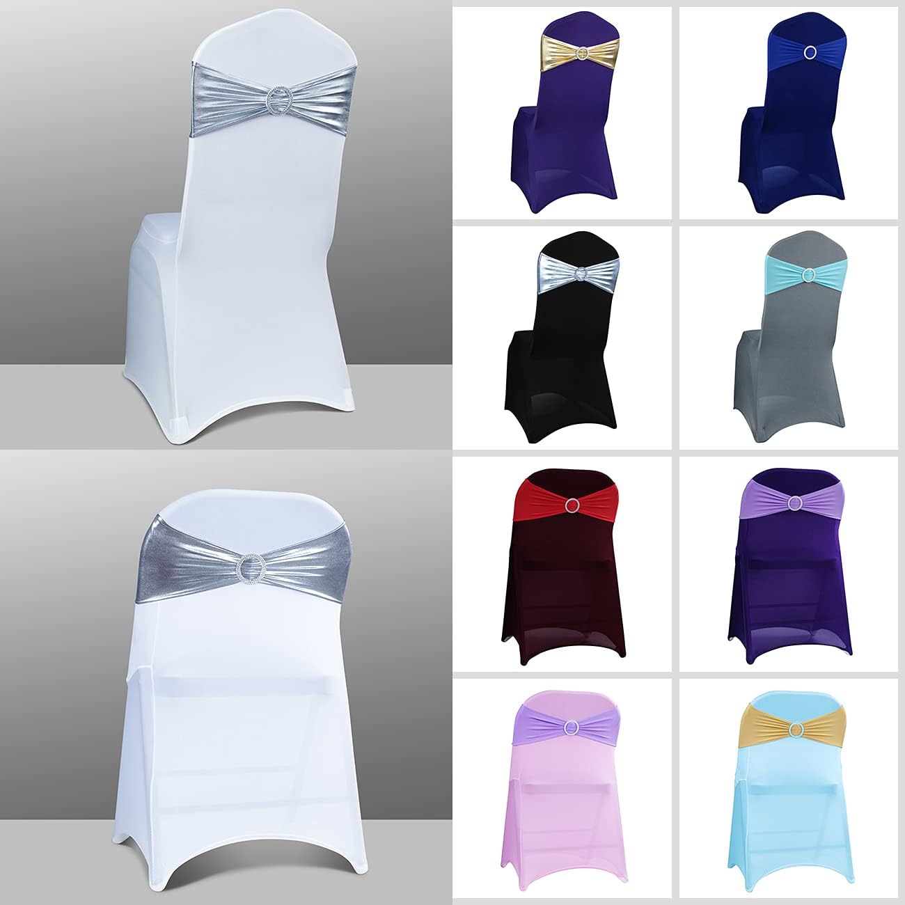 Babenest 50PCS Spandex Chair Sashes Bows with Buckle Metallic Silver