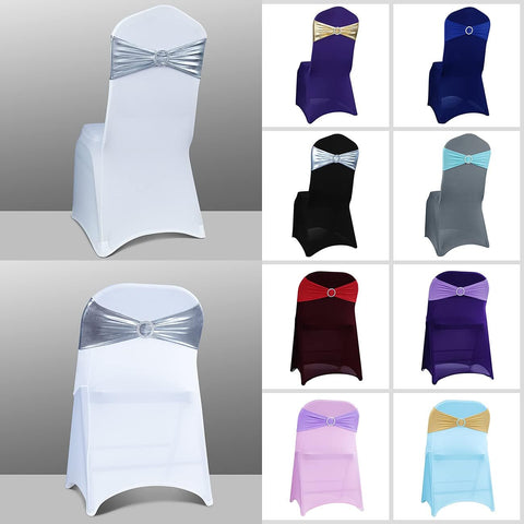 Babenest 50PCS Spandex Chair Sashes Bows with Buckle Metallic Silver