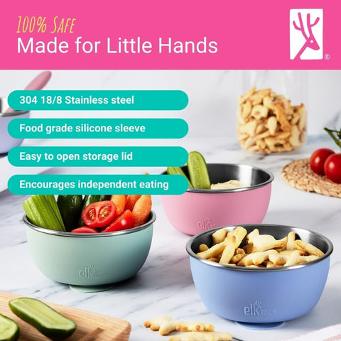 Elk and Friends Kids/Toddler Stainless Steel Suction Bowls + Lids | 4pk