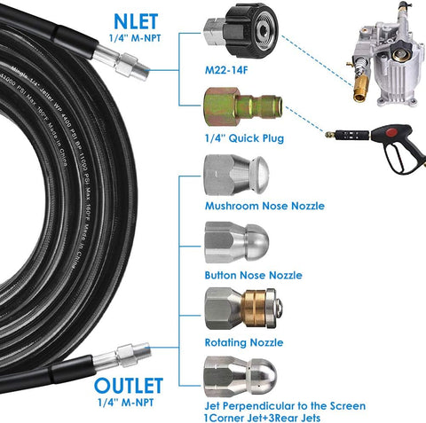 Sewer Jetter Kit for Pressure Washer 100FT, 5800PSI Drain Cleaner Hose 1/4 Inch NPT Corner, Rotating and Button Hose Sewer Jetting Nozzle Pearl Corsage Pin Waterproof Tape with 2 Spanner