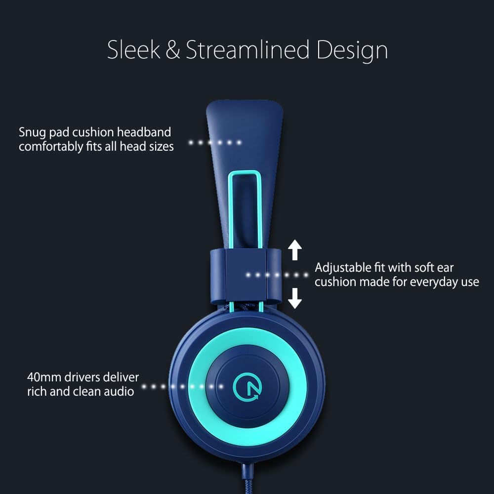 noot products K11 Kids Headphones with Wired Cord 3.5mm Jack Navy/Teal