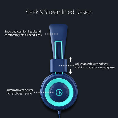noot products K11 Kids Headphones with Wired Cord 3.5mm Jack Navy/Teal