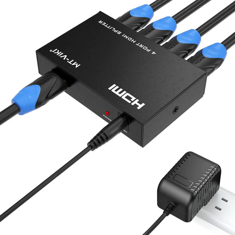MT-ViKI HDMI Splitter 1 in 4 Out, 4K 30Hz Powered HDMI Distributor for 4 Monitors, Supports 3D & HDCP 1.4, Mirror Only, Compatible with Gaming Consoles with Power Adapter