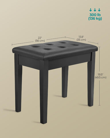 SONGMICS Piano Bench with Padded Cushion and Storage Compartment for Music Books, Vanity Stool, Tufted Wooden Piano Seat, 13.8 x 22 x 19.5 Inches, Black ULPB55H