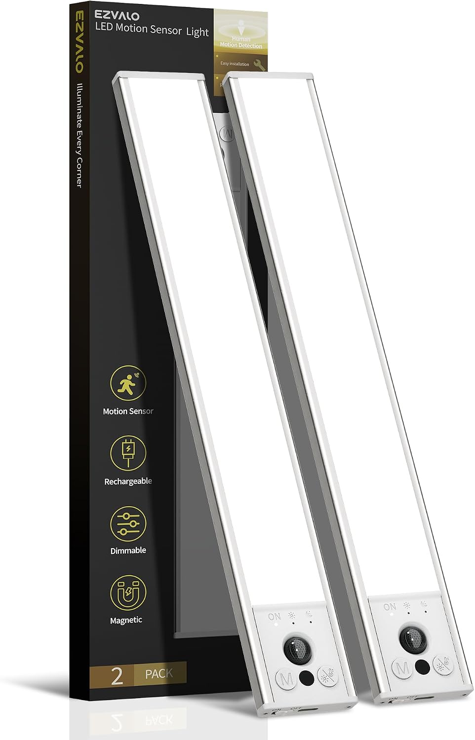 EZVALO 12inch Under Cabinet Lighting, 2 Pack 3100mAh Rechargeable Wireless Motion Sensor Lights Indoor, Dimmable Magnetic Closet Lights, Under Counter Lights for Kitchen, Pantry, Stairs