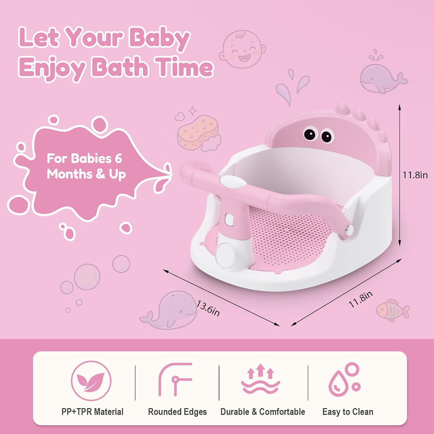 Baby Bath Seat for Babies 6 Months & Up Sitting Up with Suction Cups, Pink