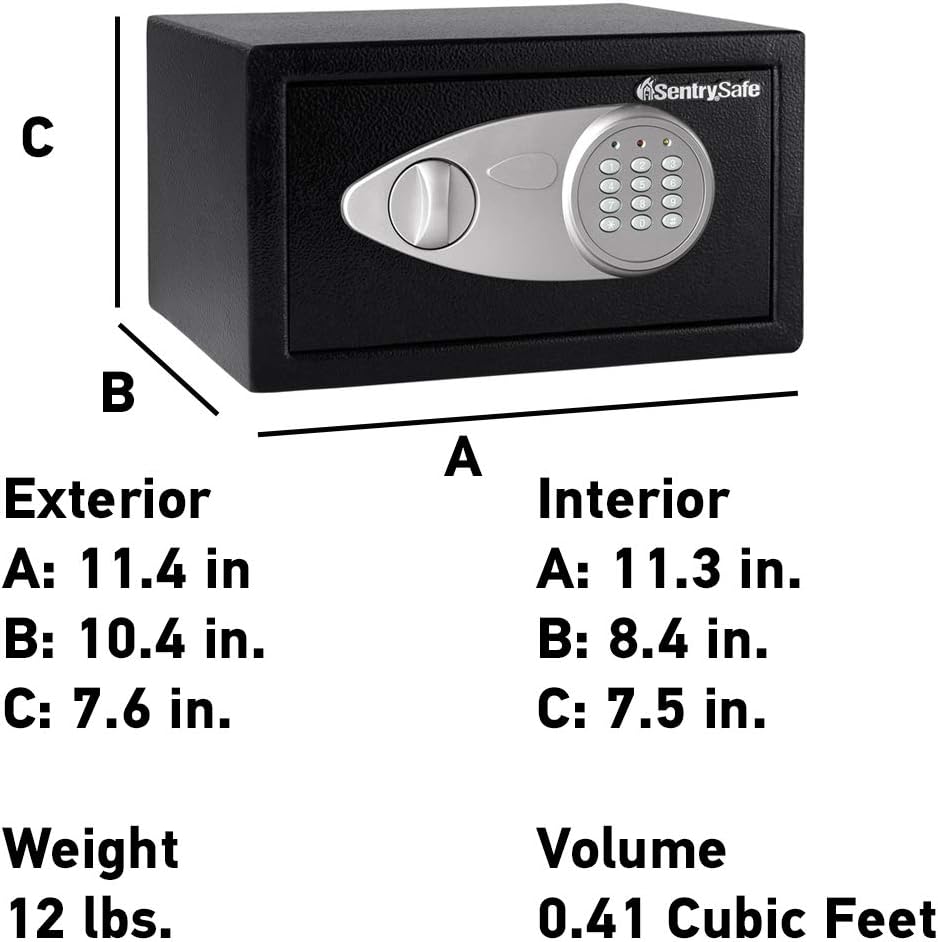 SentrySafe Medium Safe with Digital Keypad, Lock Box with Code has Interior Lining and Bolt Down Kit that Secures Pistol, Money, 0.41 Cubic Feet, 7.6 x 11.4 x 10.4 Inches, X041E