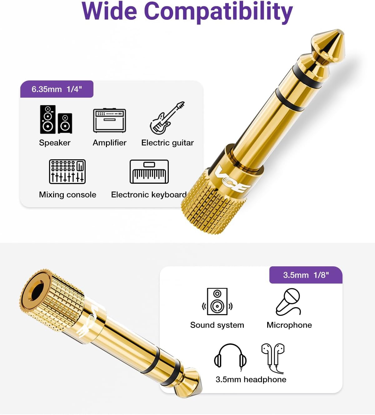 VCE 3.5mm to 1/4 Adapter Stereo Headphone Adapter, 24K Gold-Plated, 2-Pack