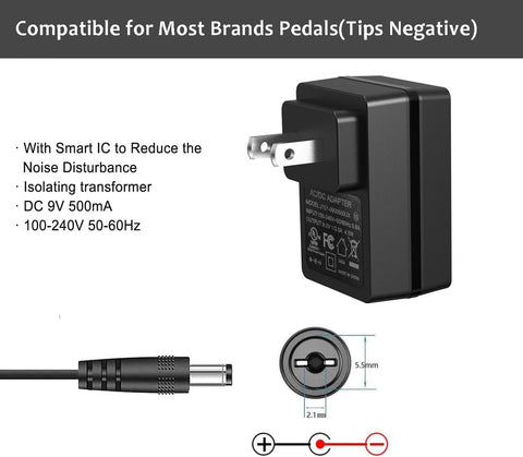 JOYO DC 9V 500mA Guitar Pedal Power Supply Adapter AC Wall Charger Adapter One Spot 5.5mmX2.1mm Compatible for Most Effect Pedals (Tip Negative)
