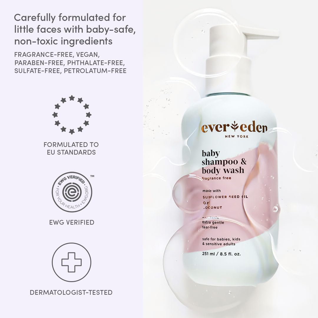 Evereden Baby Shampoo & Body Wash 2-in-1, Fragrance-Free, Vegan, 8.5 fl oz