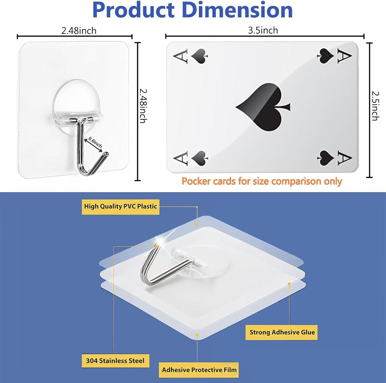 Adhesive Wall Hooks No Drill Clear Heavy Duty, 13LB Sticky 12 Pack