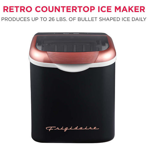 FRIGIDAIRE Retro Compact Ice Maker Machine, Bullet Ice, 26 lb per Day (BlackRoseGold)