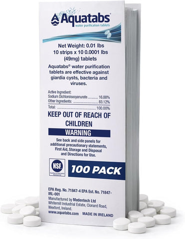 Aquatabs 49mg Water Purification Tablets, 100 Pack, Hiking & Camping
