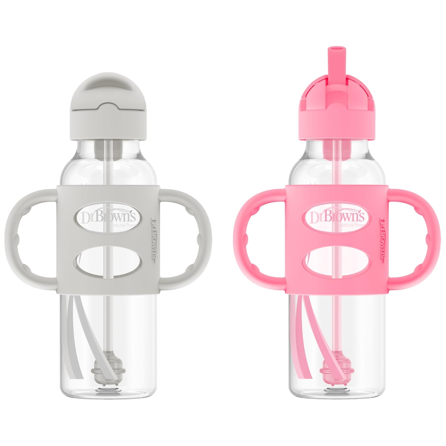 Dr. Brown's Narrow Sippy Straw Bottle with Handles, Gray & Pink, 2-Pack