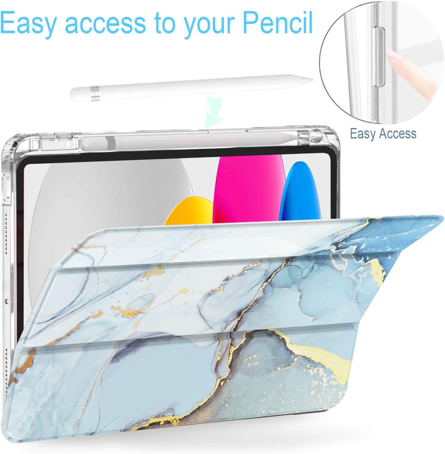 Feams for iPad (A16) 11th Generation 11 Inch 2025, iPad 10th Generation Case 10.9 Inch 2022, Slim iPad A16 Case Clear Back Cover with Pencil Holder & Auto Sleep, Blue Marble