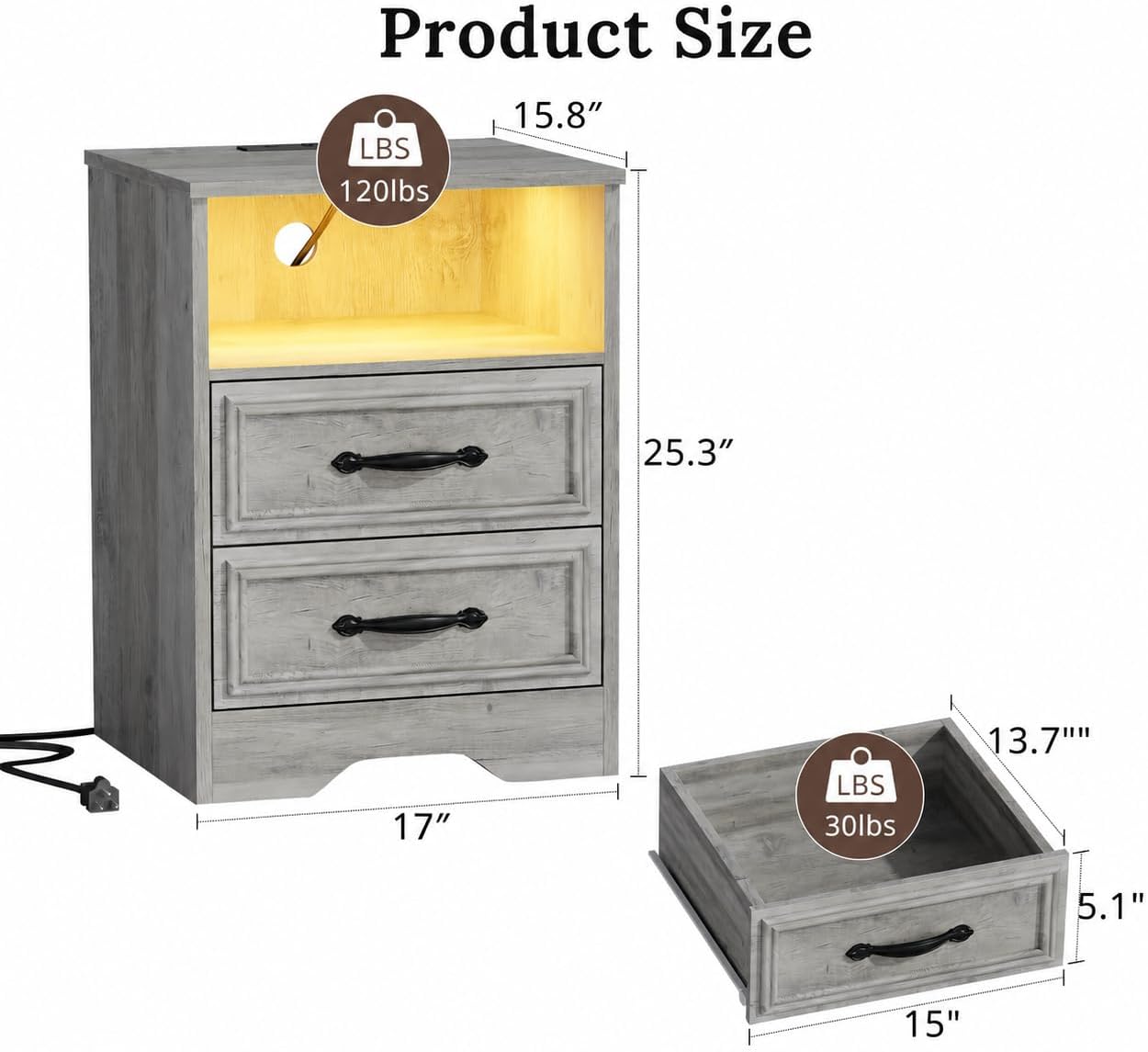 HolliWill Farmhouse Grey Night Stand with Charging Station & LED Light, End Table with 2 Drawers & Open Shelf, Bed Side Table with 2 AC Outlets, USB/USB-C for Bedroom, Living Room