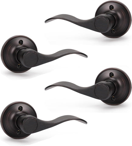 KNOBWELL 4 Pack Bronze Door Knobs Interior Single Side Dummy Door Handles for Closet/French Doors(2 Left + 2 Right), Wave Style Lever Set