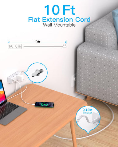 10Ft Extension Cord with Multiple Outlets, Flat Plug Power Strip Surge Protector with 10 Ft Long Cord, 6 Outlet 3 USB Ports (1 USB C), Multi Outlet Wall Plug for Travel, College, Dorm Room Essentials