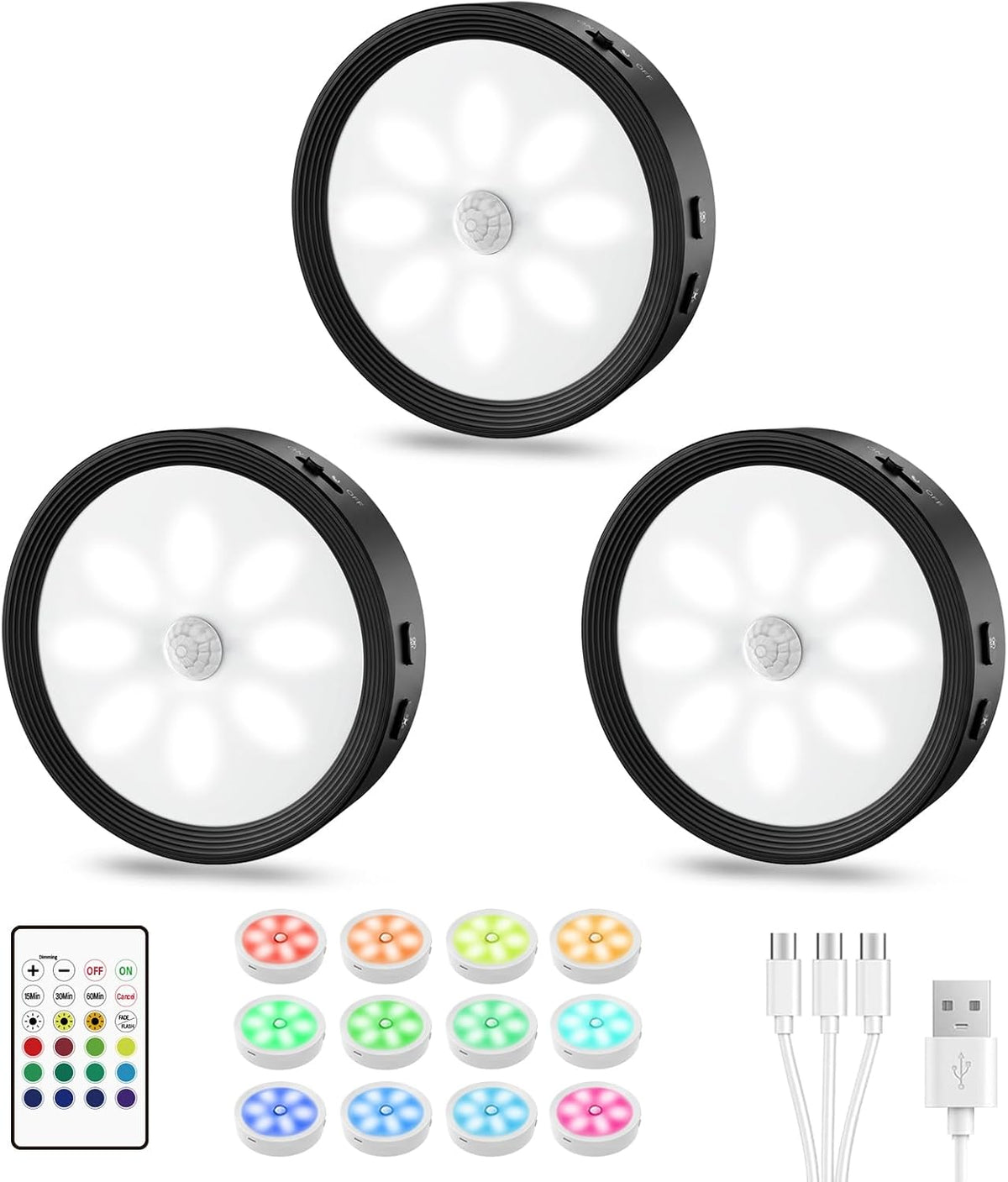 3-PACK Under Cabinet Lighting Rechargeable Puck Lights with Remote Black