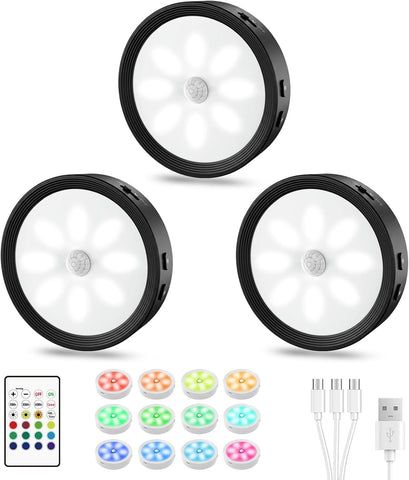 3-PACK Under Cabinet Lighting Rechargeable Puck Lights with Remote Black