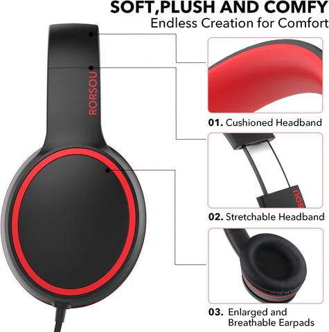 R10 Kids Headphones Over-Ear with Microphone, Lightweight Folding Stereo Bass Headset with 1.5M No-Tangle Cord, Portable Wired Headphones for Smartphone Tablet Computer MP3 / 4 (Black)