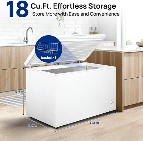 Smad Chest Freezer 18 Cu. Ft. Deep Freezer with Removable Basket, Energy-Saving, Garage Ready, Commercial Freezers 7 Adjustable Temperature, 4 Wheels, Low Noise, for Meat, Families, Outdoor, White