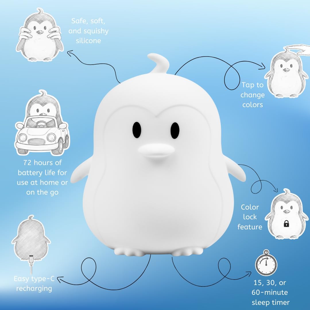 Lumipets Penguin Squishy Night Light for Kids, Silicone Lamp with Remote