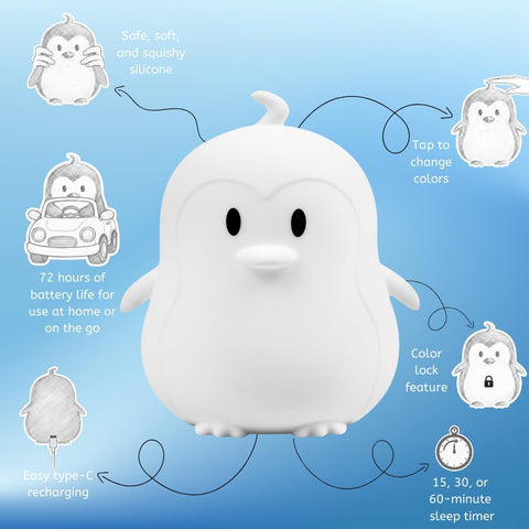 Lumipets Penguin Squishy Night Light for Kids, Silicone Lamp with Remote