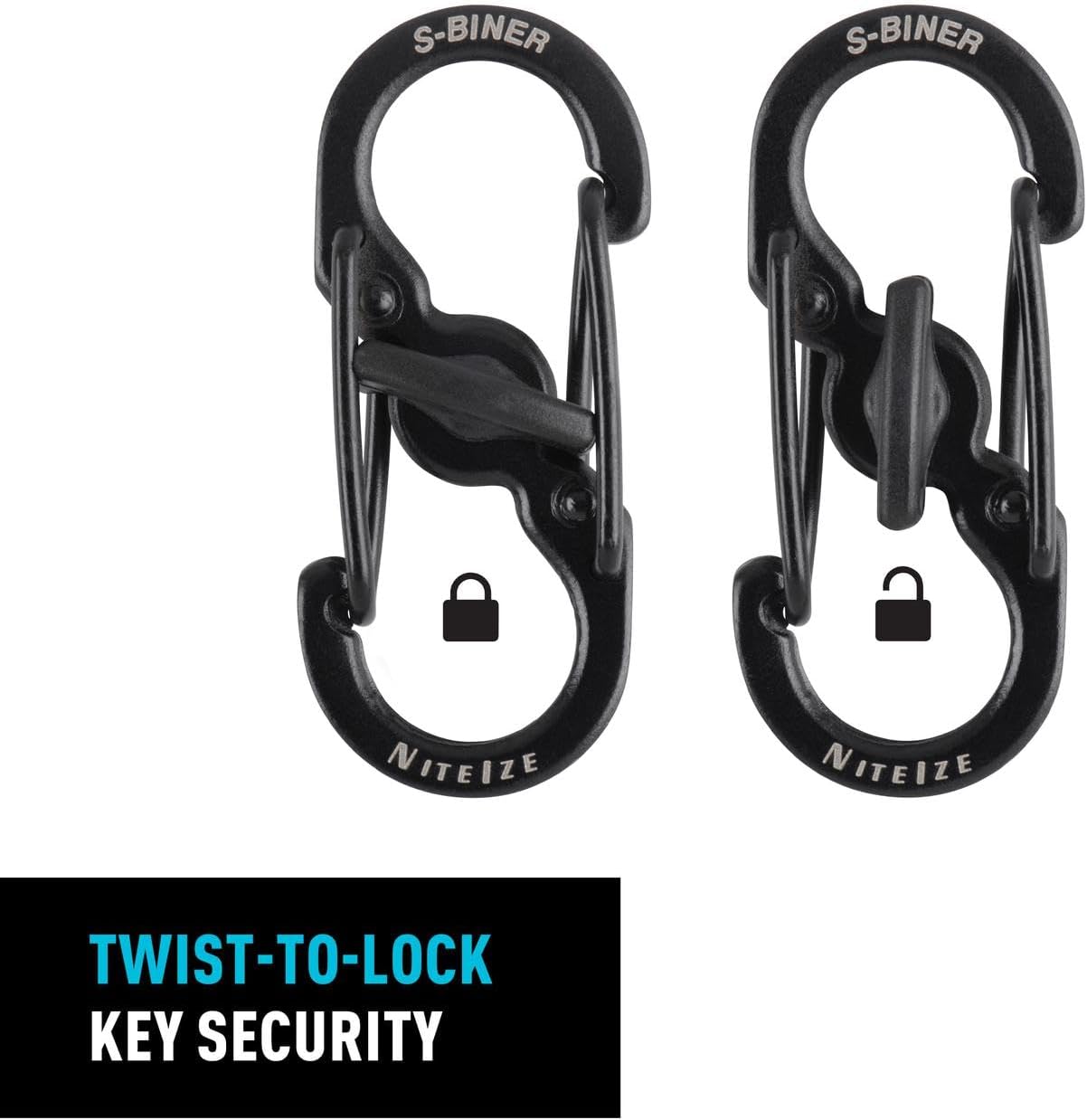 Nite Ize S-Biner MicroLock Stainless Steel - S-Biner with Locking Dual Sided Gates - Keep Keys Secure with Carabiner Key Holder - Black (2 Pack)
