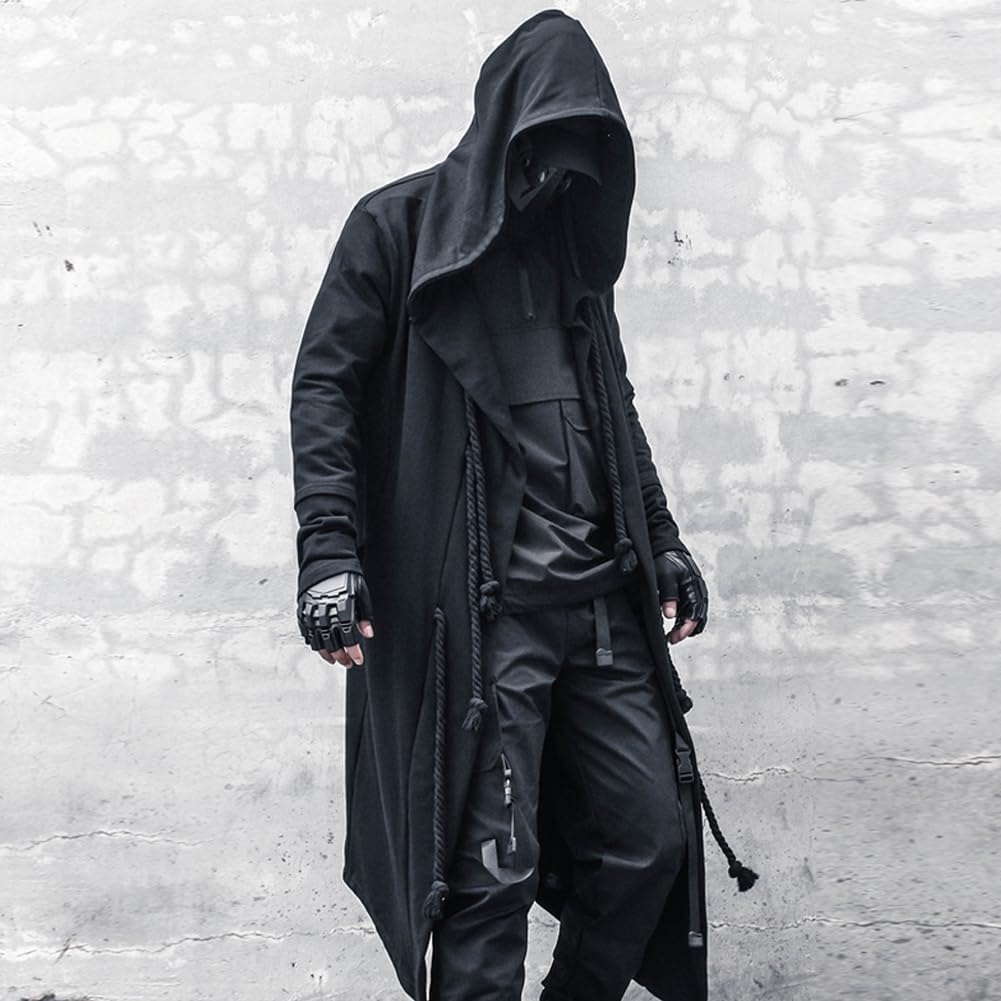 Gothic Cloak Long Hoodie Men Black Wizard Hoodies Streetwear Cardigan Hoodie Techwear Male