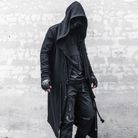 Gothic Cloak Long Hoodie Men Black Wizard Hoodies Streetwear Cardigan Hoodie Techwear Male