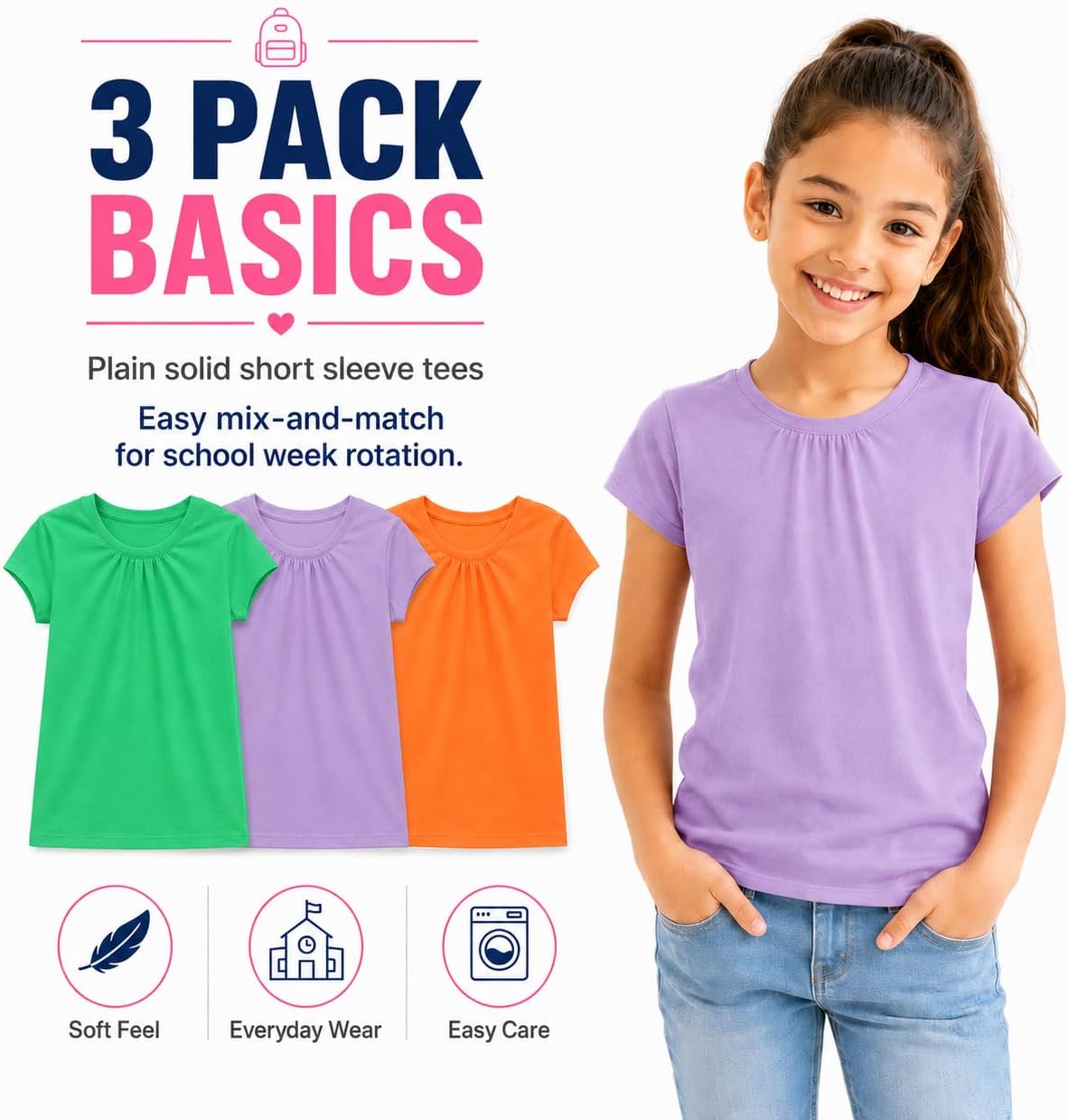 Bienzoe Plain Solid Girls T-Shirts: School Basic Tee 3-Pack