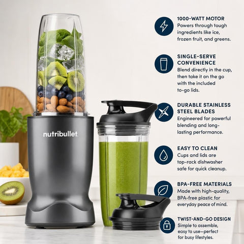 nutribullet Turbo Personal Blender, Shakes, Smoothies, Food Prep, and Frozen Blending, 32 Ounce Cup, 24 Ounce Cup, (2) Flip-top Travel To-Go Lids, 1000 Watt, Gunmetal, NB50400