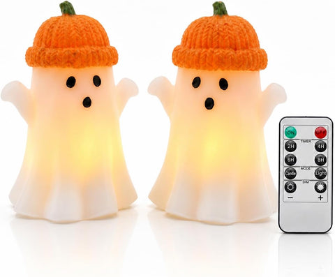 Enido Ghost with Pumpkin Hat Flameless Candles with Remote, Set of 2 Cute Real Wax LED Halloween Candles, Battery Operated Tea Lights, 2/4/6/8H Timer for Kids Room, Fall Tiered Tray Decor