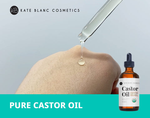 Kate Blanc Cosmetics Organic Castor Oil (4oz). 100% Pure, Cold Pressed, Hexane Free in a Glass Bottle. Stimulate Growth for Eyelashes, Eyebrows, Hair. Skin Moisturizer & Oil Cleanse with Starter Kit