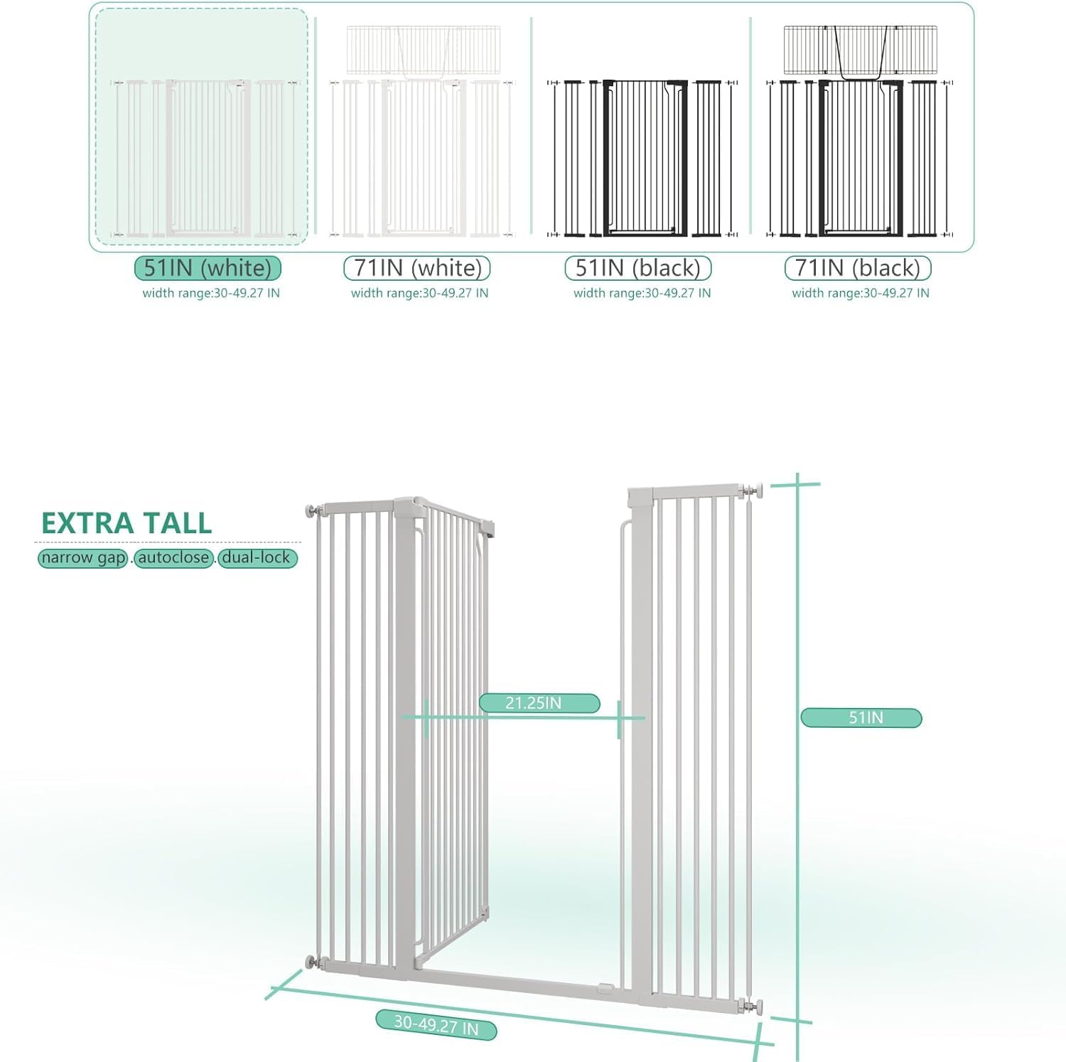 51" Extra Tall Cat Gate 30"-49.27" Wide, Auto Close, Pressure Mounted, for Cats & Small Dogs, Hallway, Stairs, Kitchen, Not Baby Gate,White