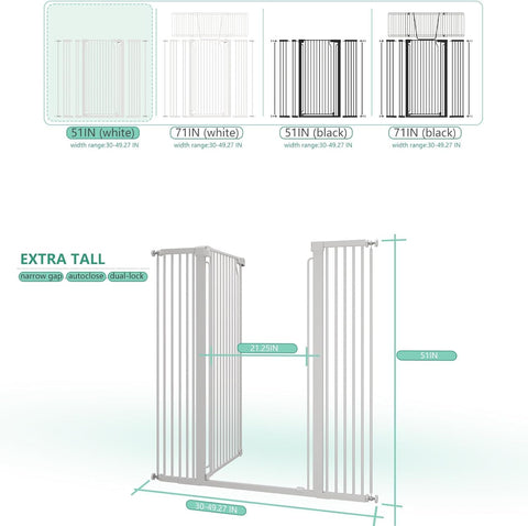 51" Extra Tall Cat Gate 30"-49.27" Wide, Auto Close, Pressure Mounted, for Cats & Small Dogs, Hallway, Stairs, Kitchen, Not Baby Gate,White
