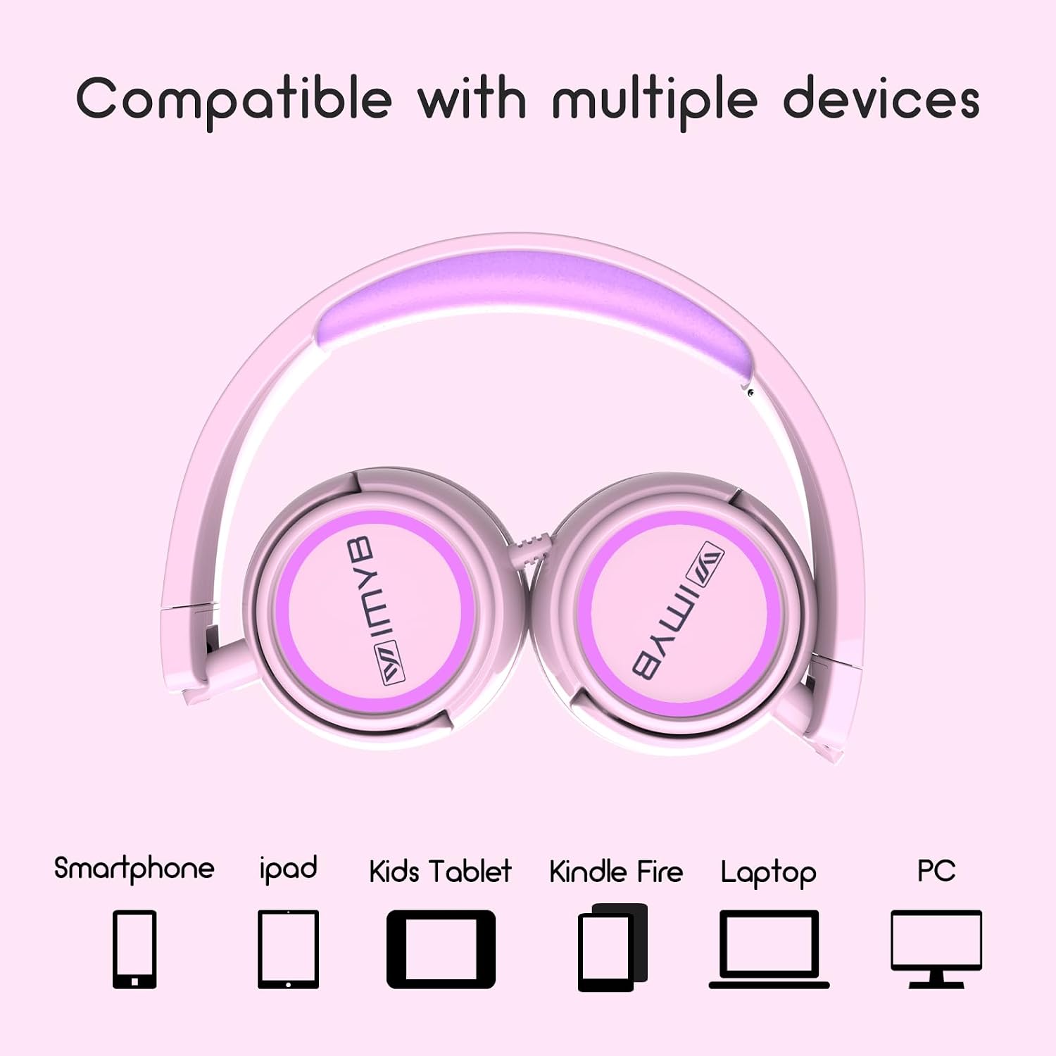 IMYB Kids Headphones, V1 Wired Stereo Foldable Tangle-Free 3.5mm Adjustable On-Ear Headphones for Kids for School/Toddlers/Childrens/Teens/Boys/Girls/Ipad/Tablet/Kindle/Phones/Travel/Plane (Pink)
