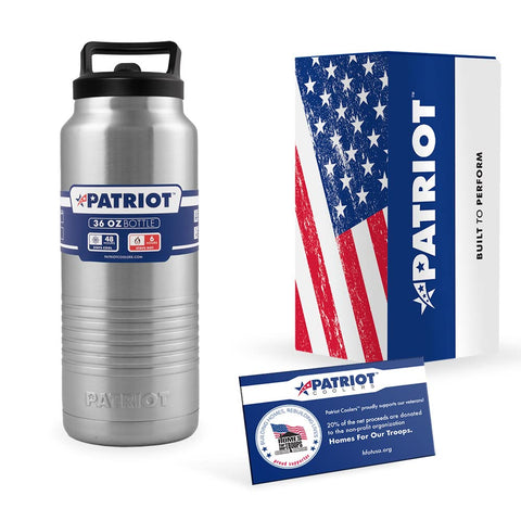 Patriot 36oz Water Bottle perfect for Hiking, Camping, Exercising, Biking (Silver)