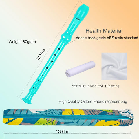 Descant Soprano Recorder for Kids - 8 Hole German Style Flute with Fingering Chart, Cleaning Rod & Protective Case - Ideal Musical Instrument for Beginners & School Students (Green)
