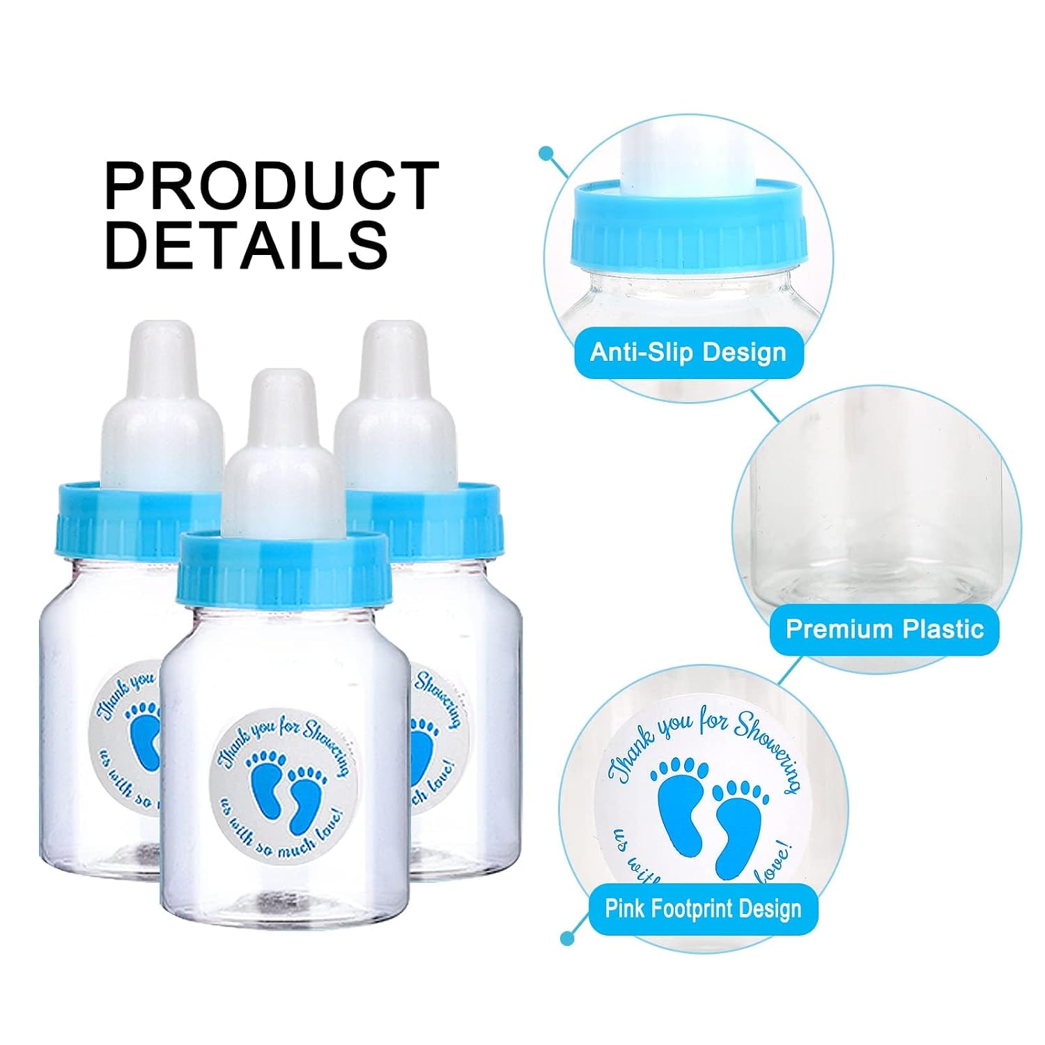 144 Blue Mini Baby Bottles for Baby Shower Favors - Plastic, Vented, Standard Bottle, 5.5 oz, Set of 144 with 500 Stickers - Baby Boy Shower Party Games Decorations