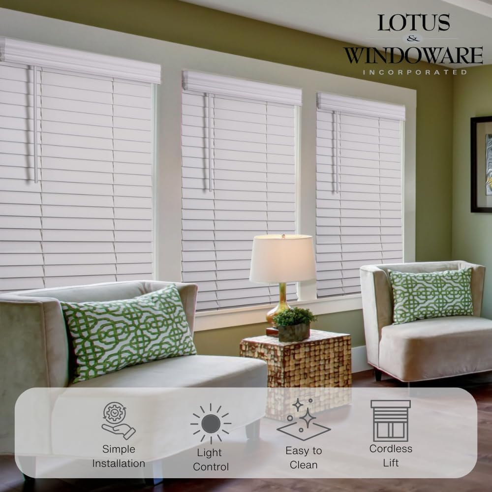 Lotus & Windoware 2" Faux Wood Cordless Blind, 30" x 48", Bright White