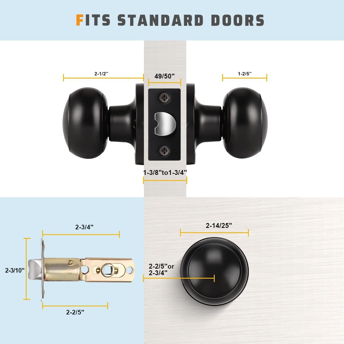 KNOBWELL 3 Pack Matte Black Passage Door Knobs, Modern Closet Door Knobs Set Interior with Concealed Screws